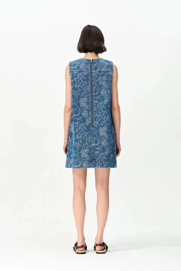 Iris Flora Laserwork Round Neck Short Dress in Cotton Denim sold by Fabrique product image thumbnail 2
