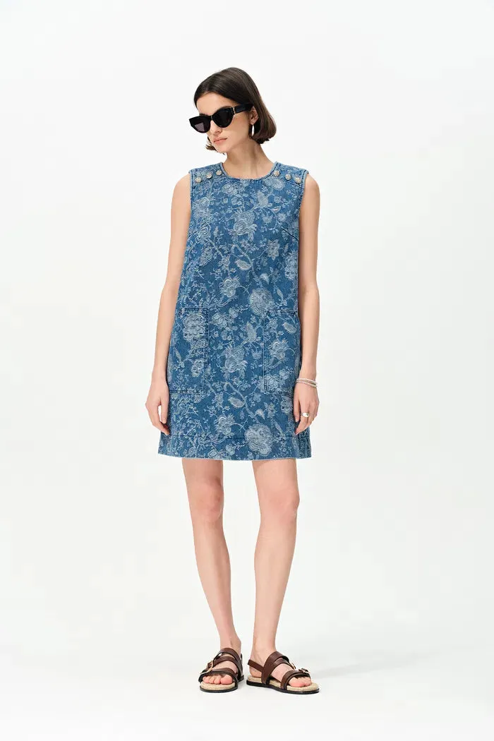 Iris Flora Laserwork Round Neck Short Dress in Cotton Denim sold by Fabrique product image thumbnail 3