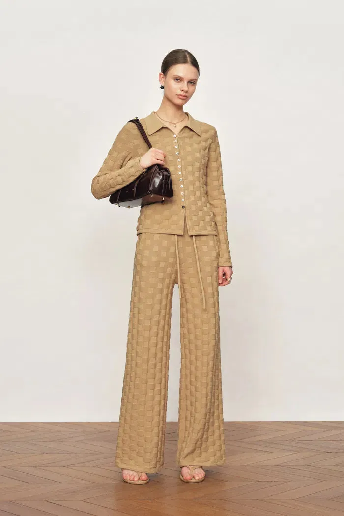 Elowen Plaid Textured Knit Cardigan and Pants in Cotton Blend Knit sold by Fabrique