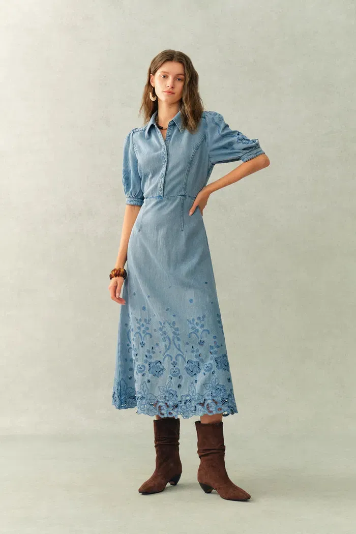 Vinetta Puff Sleeve Dress in Cotton Linen Denim sold by Fabrique