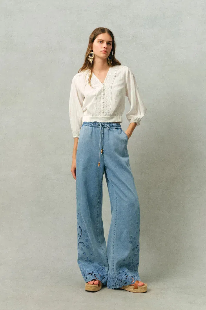 Vinetta Floral Embroidered Cut Out Jeans in Cotton-Linen Denim sold by Fabrique product image thumbnail 2