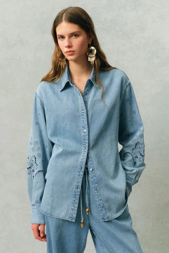 Vinetta Curved Button Placket Floral Embroidered Shirt in Cotton Linen Denim sold by Fabrique product image thumbnail 2