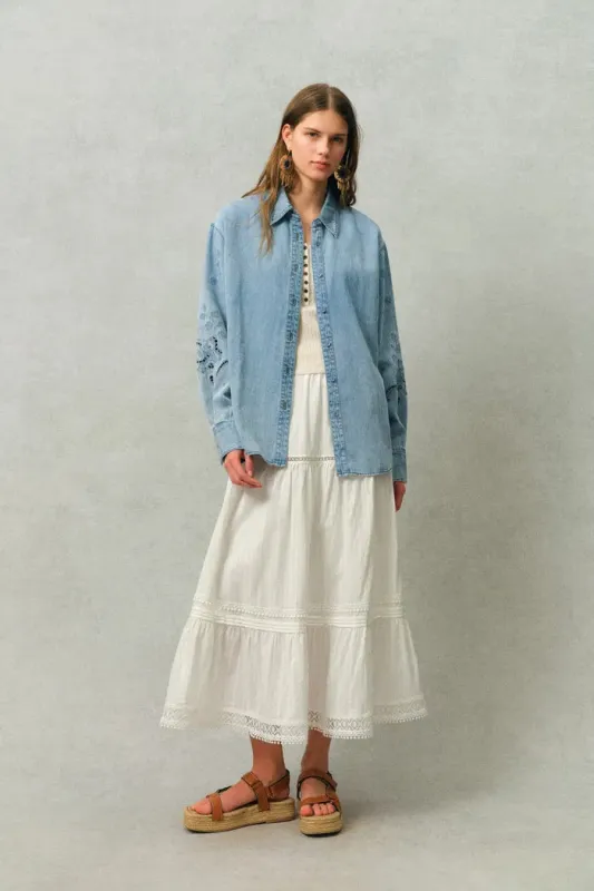 Vinetta Curved Button Placket Floral Embroidered Shirt in Cotton Linen Denim sold by Fabrique