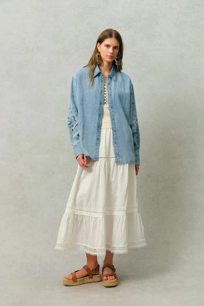 Vinetta Curved Button Placket Floral Embroidered Shirt in Cotton Linen Denim sold by Fabrique