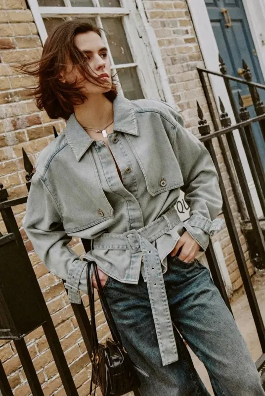 Halle Washed Short Trench Inspired Jacket in Light Blue Denim made by Fabrique