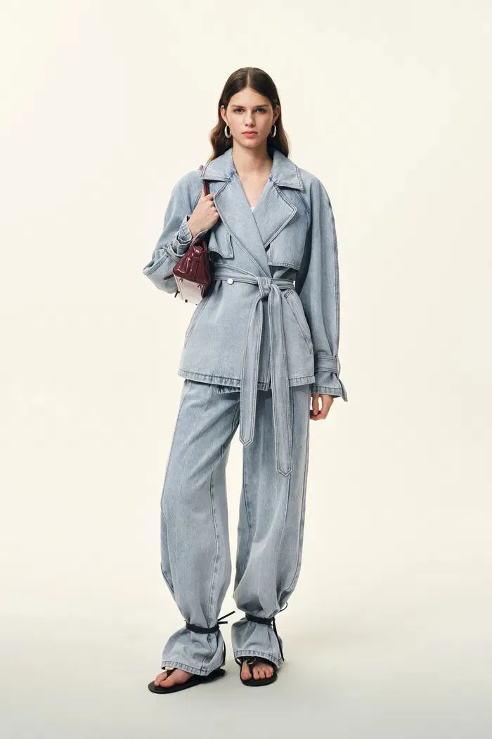 Calista Belted Trench Style Coat in Lightweight Cotton Denim sold by Fabrique