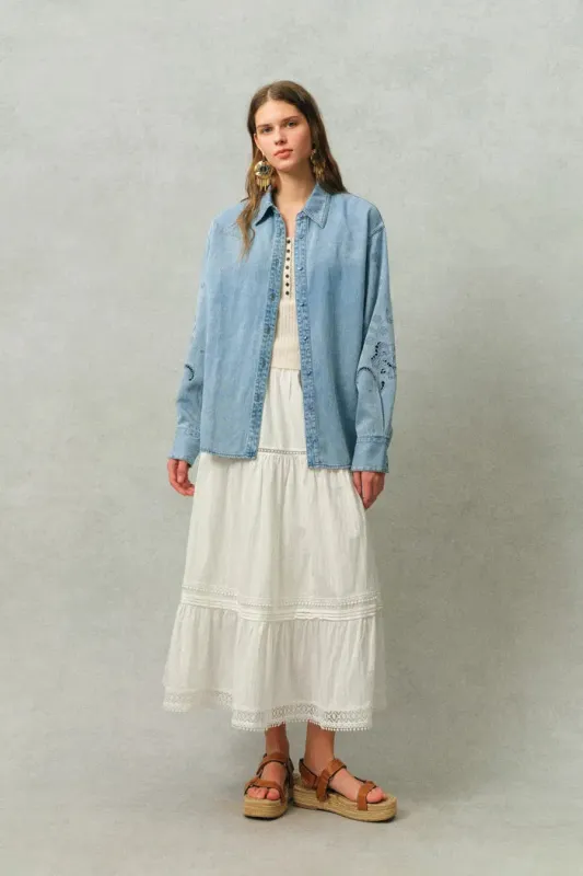 Vinetta Embroidered Shirt in Cotton-Linen Denim sold by Fabrique