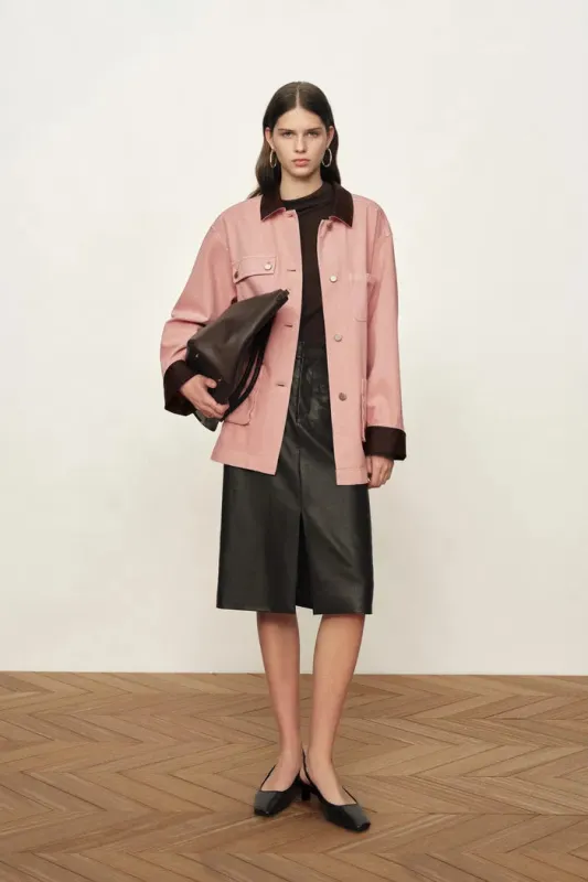 Telmo Dusty Pink Leather Collar Patch Pocket Jacket in Cotton Denim sold by Fabrique