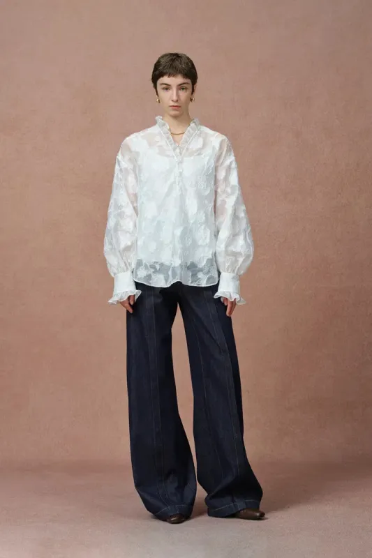 Cecilia Ruffle V Neck Blouse in Burnout chiffon sold by Fabrique