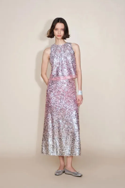 Eleanor Ombre Sleeveless Vest Top and Skirt Matching Set in Full Sequin Embroidery sold by Fabrique
