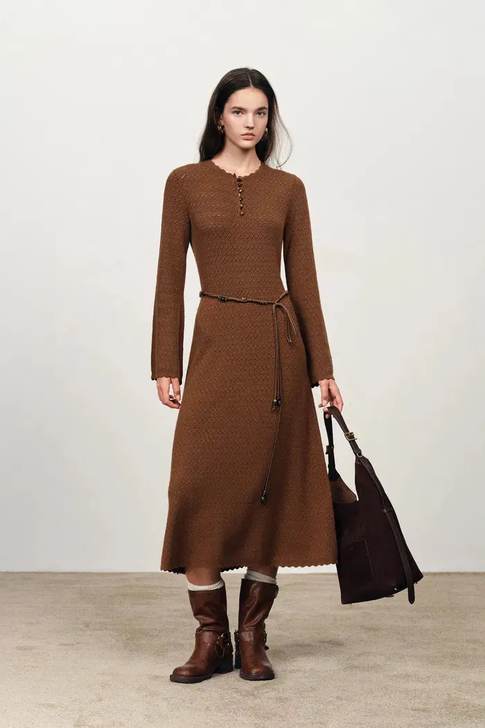 Clara Waxed Cord Belt Bell Sleeve Maxi Dress in Merino Wool Knit sold by Fabrique