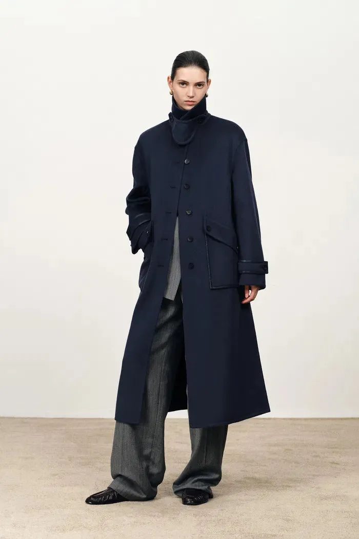 Theo Midnight Blue Trim Coat in Double Face Merino Cashmere sold by Fabrique product image thumbnail 3