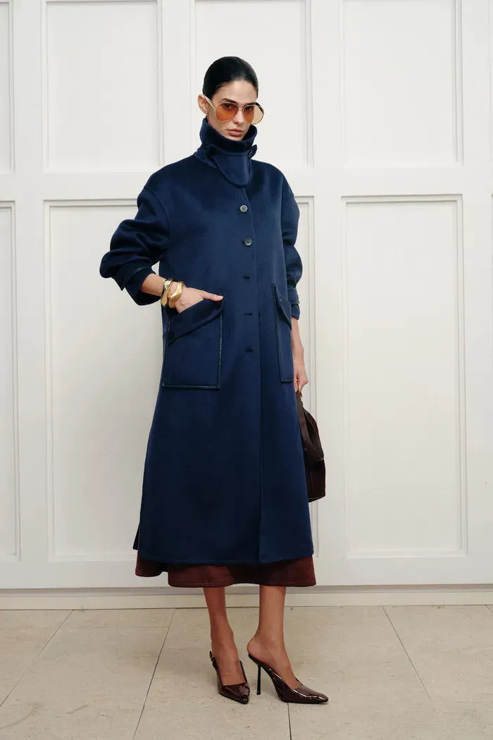 Theo Midnight Blue Trim Coat in Double Face Merino Cashmere sold by Fabrique