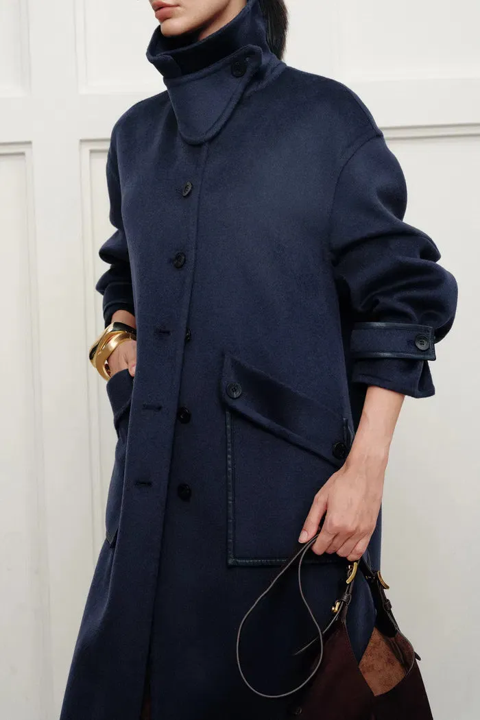 Theo Midnight Blue Trim Coat in Double Face Merino Cashmere sold by Fabrique product image thumbnail 2