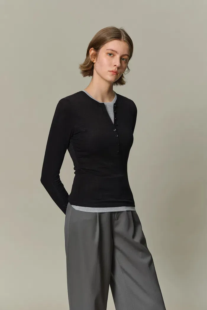 Henley Layered Long Sleeve Top in Tencel-Wool Knit sold by Fabrique product image thumbnail 4