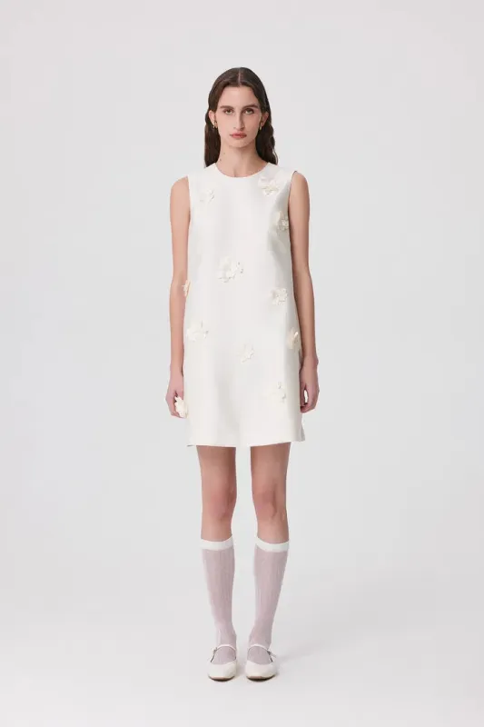 Luminere Floral Embellished Dress in Silk Wool Satin made by Fabrique
