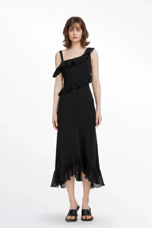 Calla Asymmetrical Ruffle Dress in Georgette Silk made by Fabrique