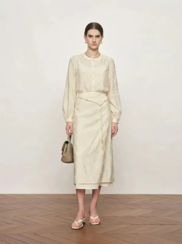 Veyra Embroidered Collarless Shirt and Skirt Matching Set in Lightweight Cotton Blend made by Fabrique