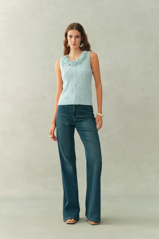 Freya Hand Crocheted Flowers Sleeveless Vest Top in Cotton Cable Knit made by Fabrique