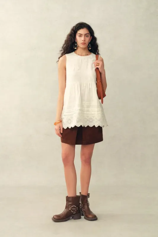 Doris Lily-of-the-Valley Lace Sleeveless Top in Silk Linen Blend made by Fabrique