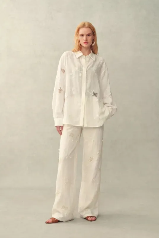 Leona Lily of the Valley Mesh Embroidery Shirt and Pants Matching Set in Linen made by Fabrique