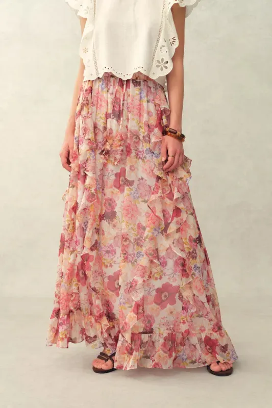 Amélie Hand-Painted Print Ruffle Skirt in Sheer Chiffon made by Fabrique