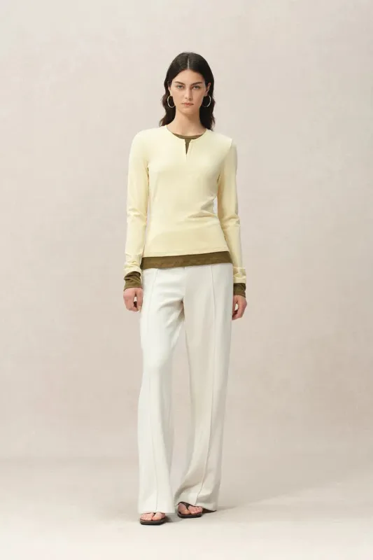 Maya Yellow and Brown Layered Look Long Sleeve Top in Tencel-Merino Tech made by Fabrique