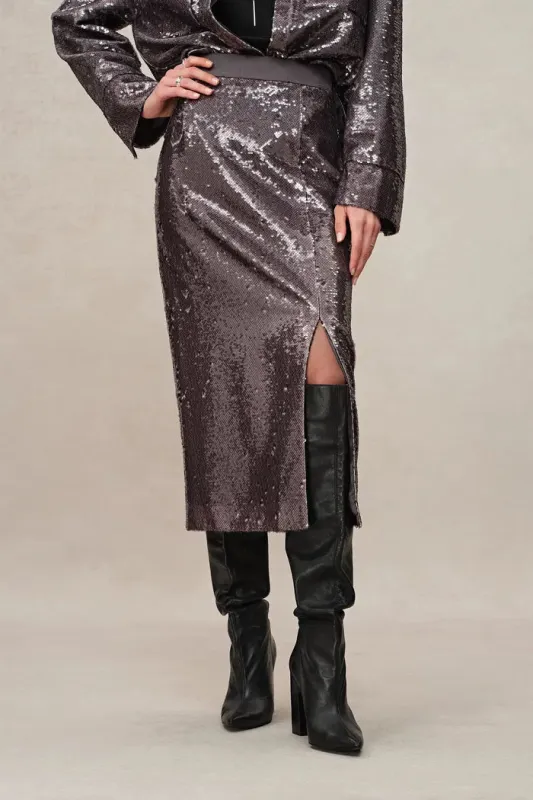 Layering Slit Midi Skirt in Shimmering Mermaid Sequins sold by Fabrique