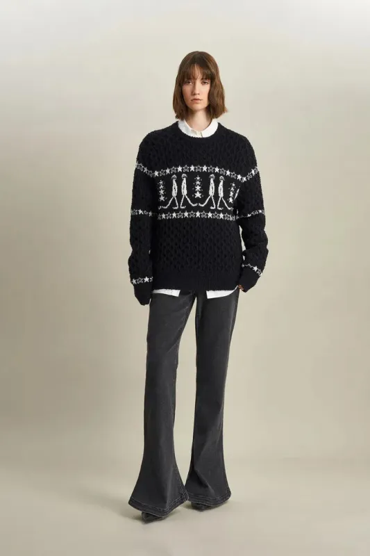 Star Walker Black Fair Isle Pullover in Wool Pom-Pom Yarn Knit made by Fabrique