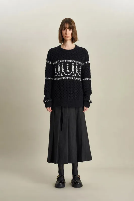 Star Walker Black Fair Isle Pullover in Viscose Wool Pom-Pom Yarn Knit made by Fabrique