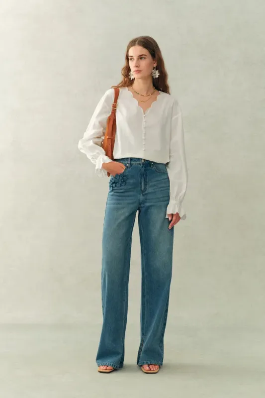 Janus Lace-Trim V-Neck Shirt In Crinkle Cotton made by Fabrique