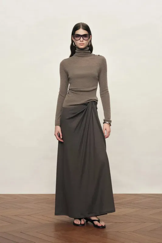 Lumina Slouchy Turtleneck Semi Sheer Bodice Fitted Top in Combed Wool made by Fabrique