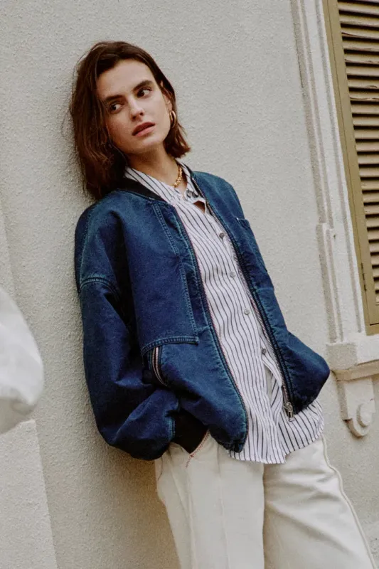 Quinn Denim Bomber Jacket in Lightweight Plain-Weave Denim made by Fabrique