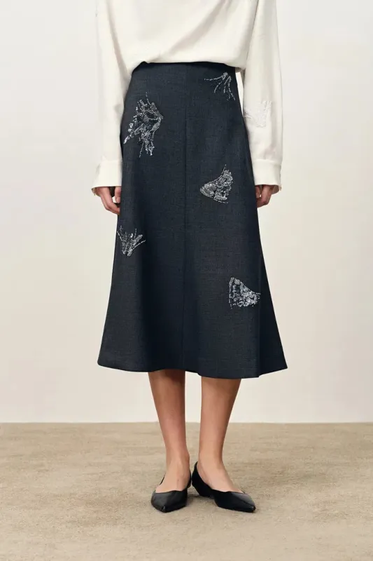 Hannah Beadwork Midi Skirt in Wool Blend Suiting sold by Fabrique