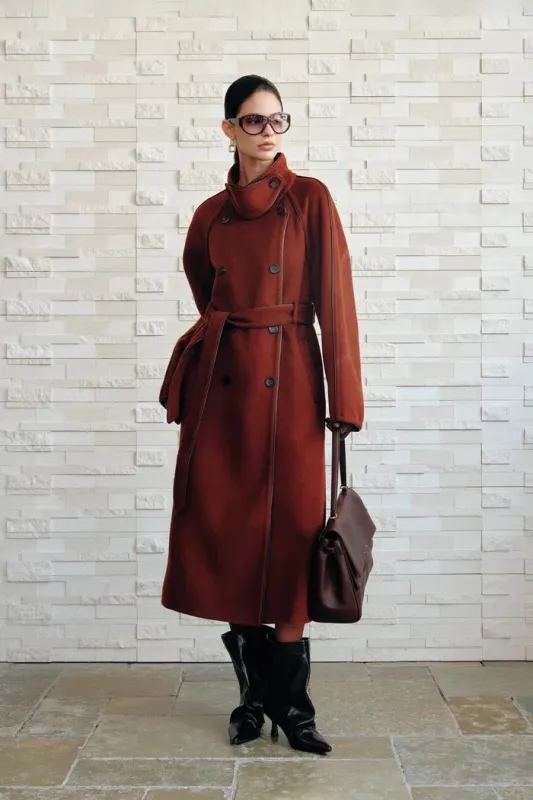 Ponente PU Trim Wool Trench Coat in Double-Face Merino Wool sold by Fabrique