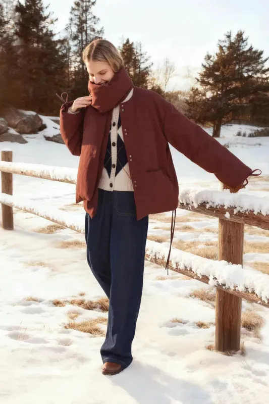 Aimee Detachable Scarf Down Jacket in Hollow Yarn Fine Twill made by Fabrique