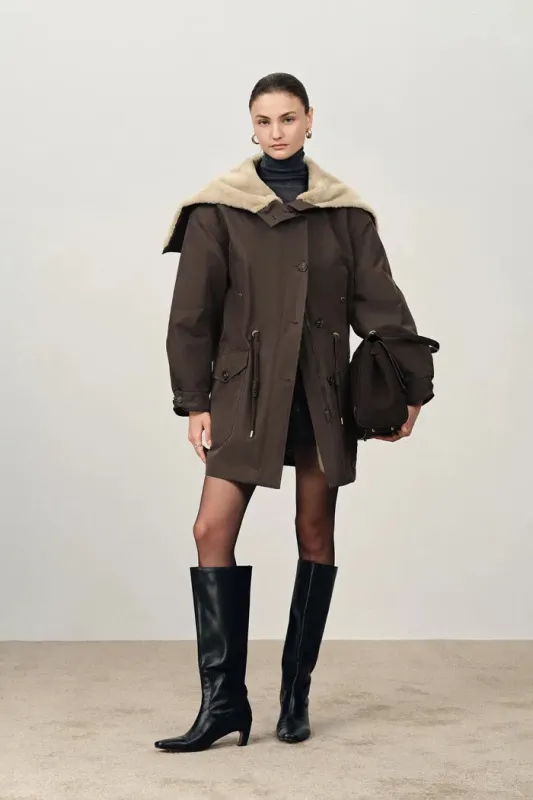 Doris Detachable Quilted Lining and Fur Collar Parka in Cotton Blend Twill sold by Fabrique