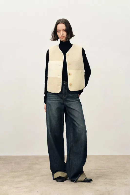Stoke Reversible Color Block Lambswool Vest Jacket in Merino Wool Teddy made by Fabrique