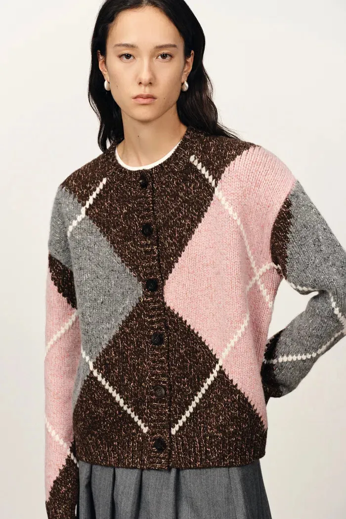 Ganache Contrast Check Cardigan in Coarse-Spun Merino Wool Knit sold by Fabrique product image thumbnail 4