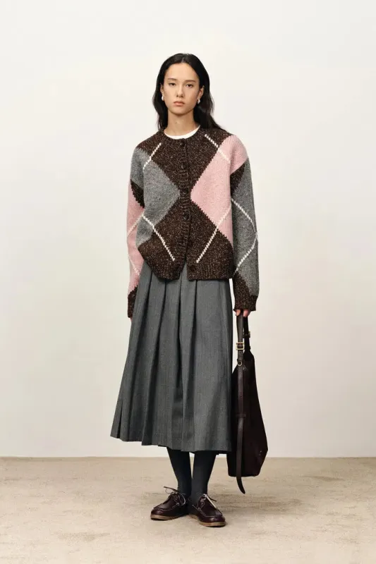 Ganache Contrast Check Cardigan in Coarse-Spun Merino Wool Knit made by Fabrique