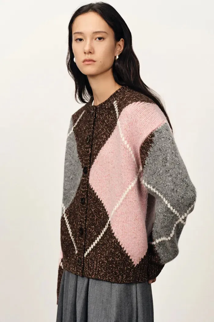 Ganache Contrast Check Cardigan in Coarse-Spun Merino Wool Knit sold by Fabrique product image thumbnail 5