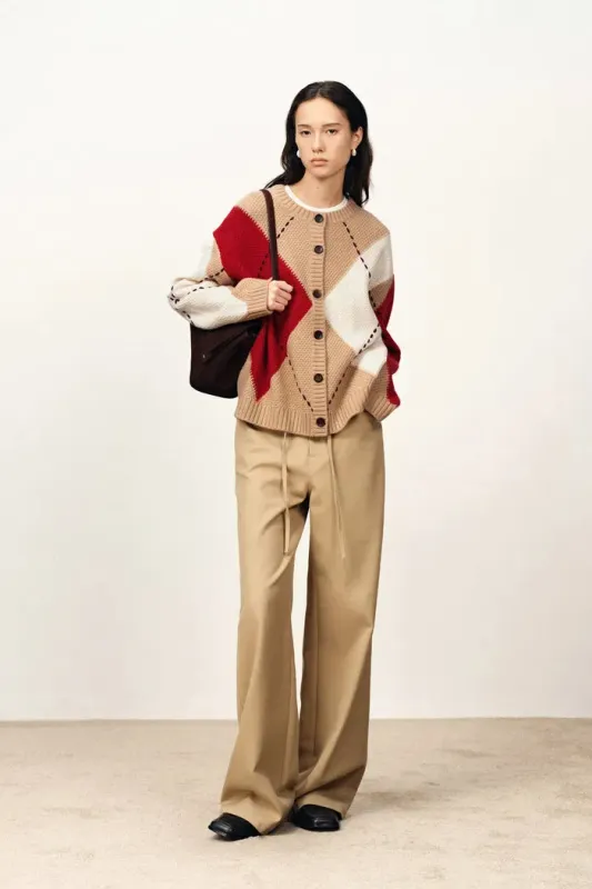 Luce Hand Embroidered Lines Large Plaid Cardigan in Merino Wool made by Fabrique