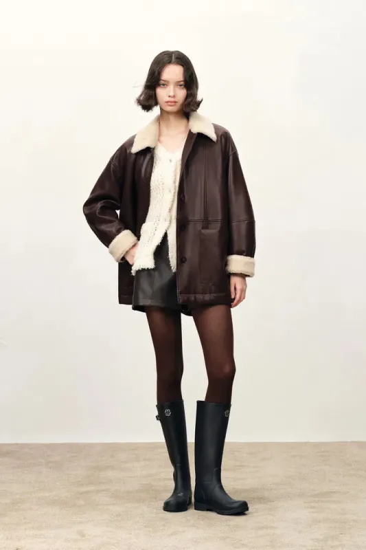 Holme Fur Collar Quilted Leather Jacket in Faux Leather made by Fabrique