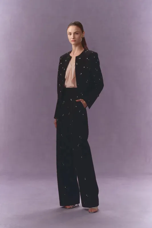 Aquila Hand Sewn Rhinestone Crop Suit Blazer in Fine Wool Suiting made by Fabrique