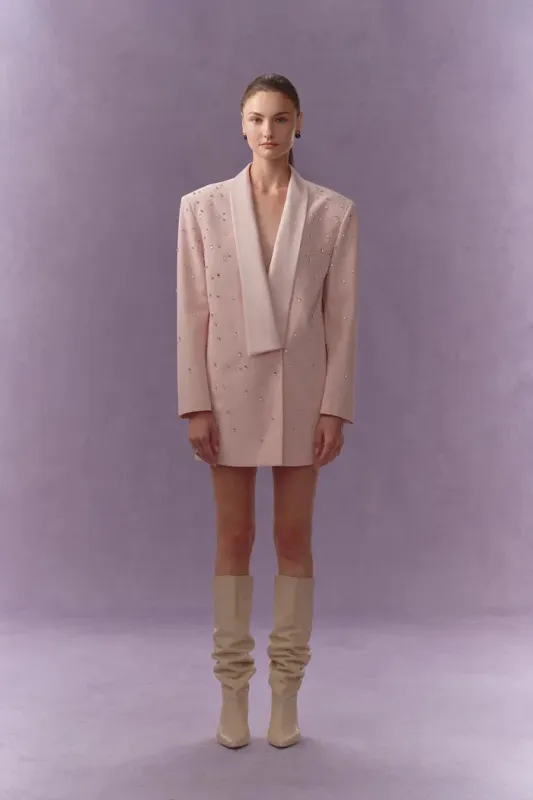 Lolanthe Hand Applied Rhinestones Wide Shoulder Blazer in Linen Style Suiting made by Fabrique