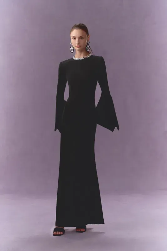 Nokta Hand Sewn Rhinestone Collar Maxi Dress in Linen Style Suiting made by Fabrique