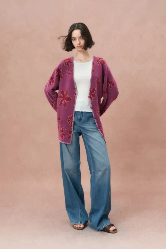 Louloudia Hand Crochet Edges Floral Jacquard Cardigan in Stretchy Merino Wool Knit made by Fabrique