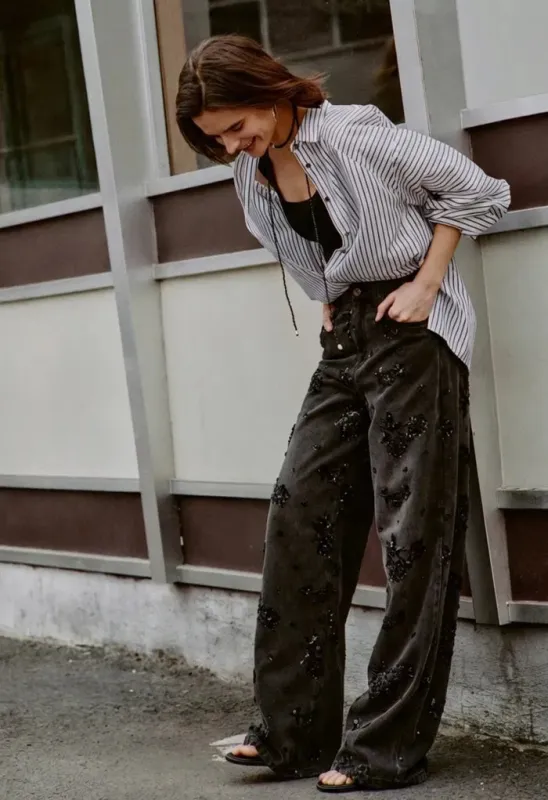 Star Hand Beaded Rose Embellishment Straight Leg Jeans in Beaded Cotton Denim made by Fabrique