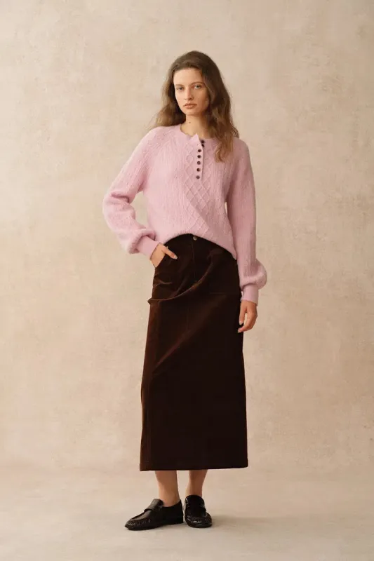 Cersei Hand Work Henley Cable Pattern Sweater in Merino Wool made by Fabrique