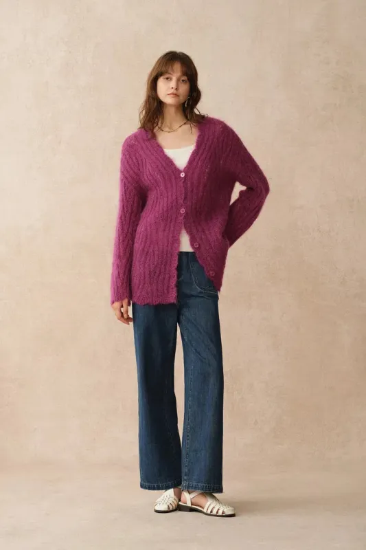 Aki Scalloped Neckline Sheer Cardigan in Lightweight Cable Mohair Knit made by Fabrique
